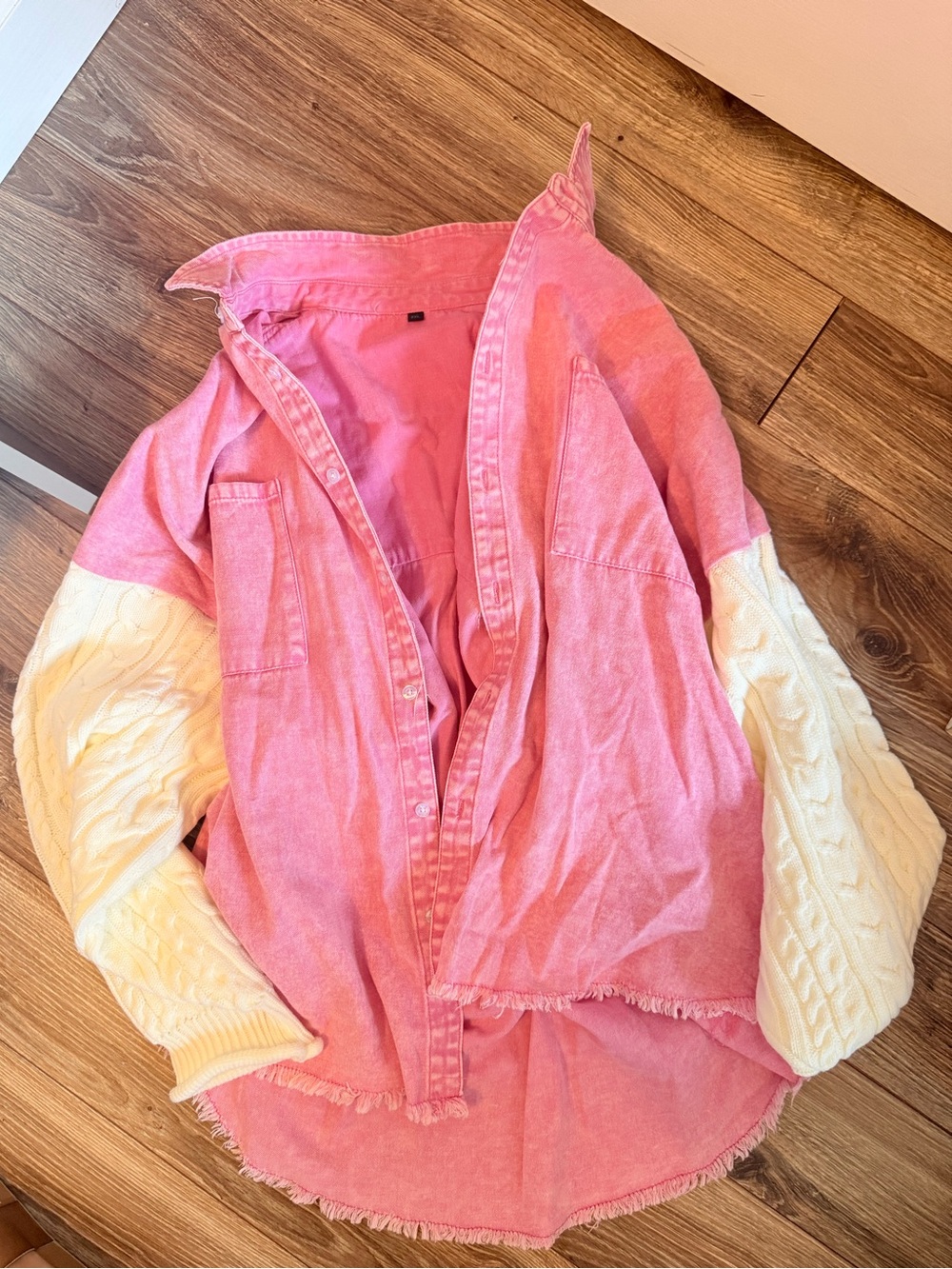 Pink Denim Shacket with Cream Cable Knit Sleeves